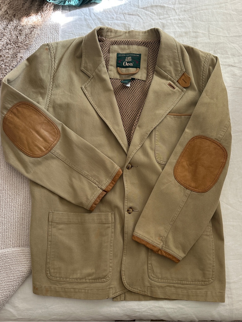 Orvis Khaki Jacket with Brown Elbow Patches
